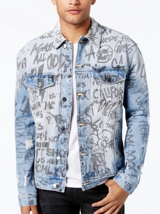 Guess Other - Guess Vintage Men’s Light Blue All Over Graffiti Oversized Denim Jacket Sz XXL